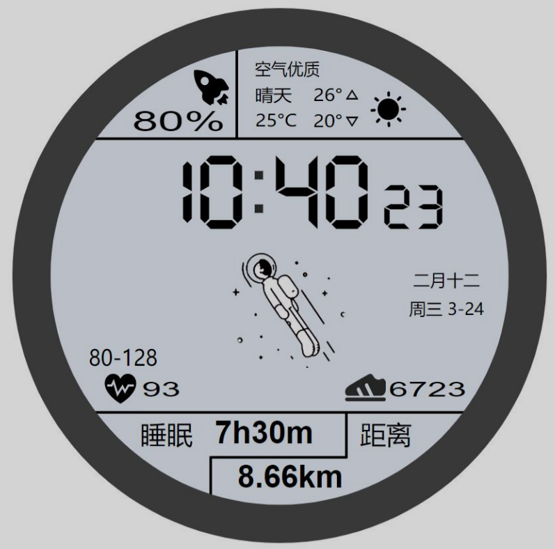 华为太空人表盘GT2 HTML网页源码 SVG+JavaScript实现 图片